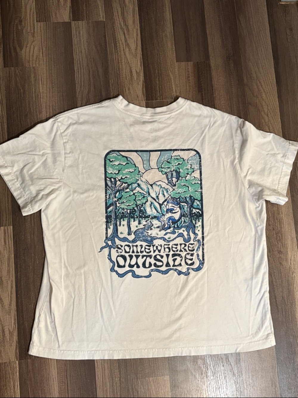 Original Use White Short-Sleeve Crewneck Tee with Blue-Green Chest Graphic